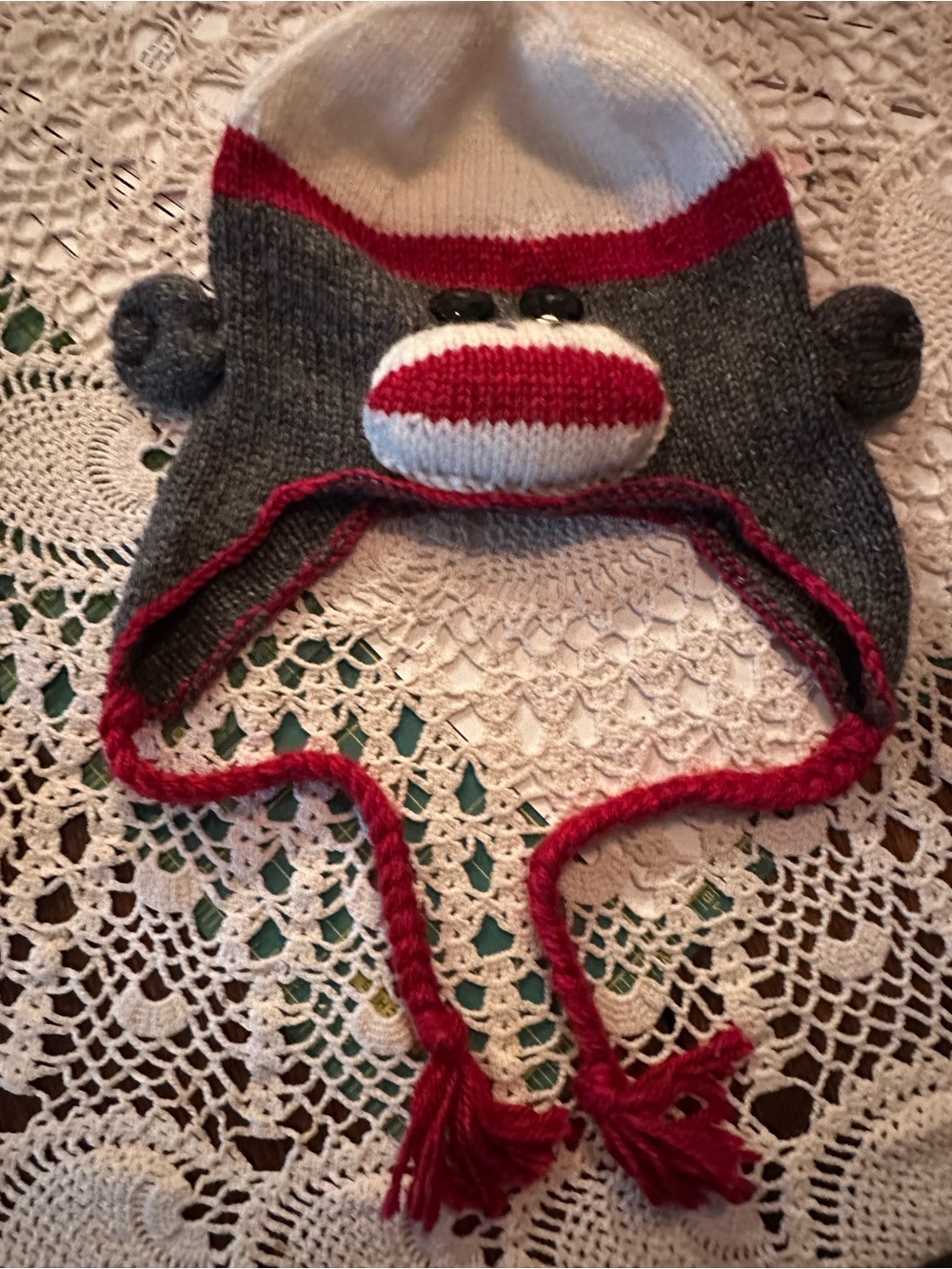 Women’s Grey and Red Sock Monkey Earflap Hat